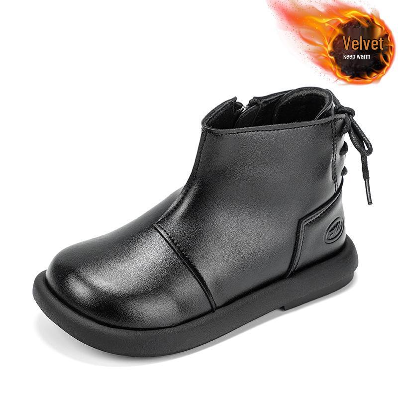 Girls' Black Martin Short Boots with Velvet - 2025 Autumn/Winter Edition Leather Princess Shoes