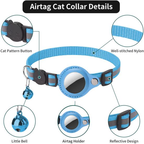 Yousheng Pet Collar Reflective Adjustable Strap with Little Bell Cat Pattern Button Safety Nylon Pet Dog Collar for Airtag Tracker