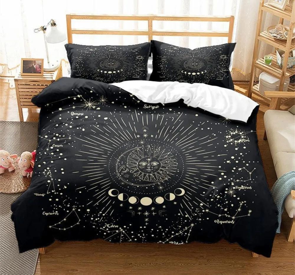 Black Sun Moon Star Bedding Set Bohemian Totem Line Duvet Cover Pillowcases Bedlinen Adults Bedclothes Twin Full Queen King Size
