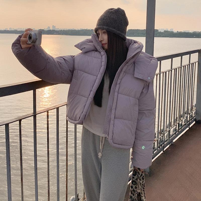 

Хлопковая куртка в корейском стиле свободного кроя со стойкой воротником и капюшоном, утолщенная, женская, короткая, зимняя, новый стиль, куртка-пуховик XL