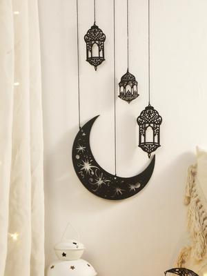 Decorazione Murale in Legno - Luna Crescente Nera in Legno con Ritagli di Stella, Lanterne da Appendere per Ramadan Eid, Decorazione per la Casa per Festival Islamici