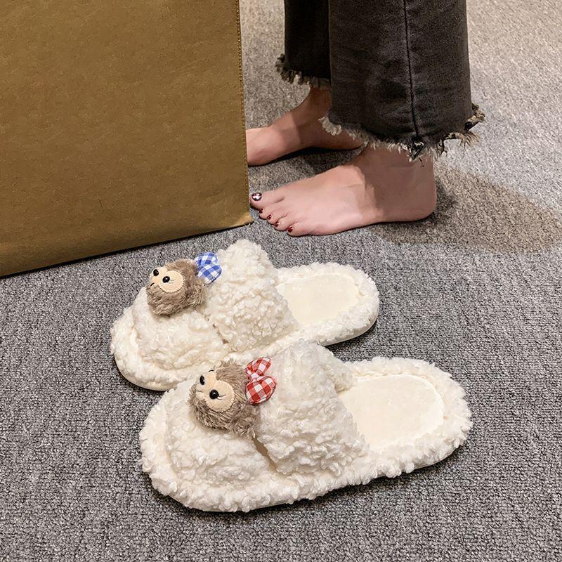 Cartoon warm women's one-word slippers 2025 autumn and winter new fashionable cute non-slip fluffy slippers women's wear
