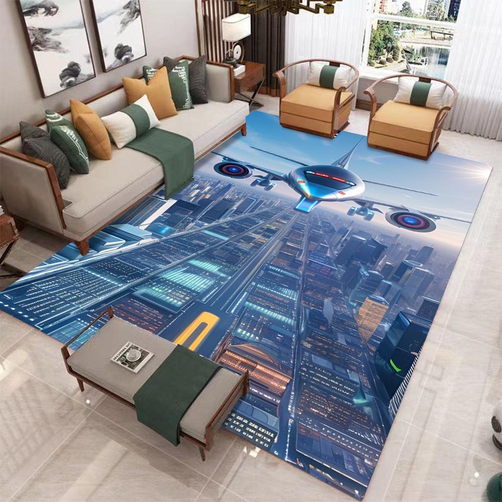 3D Aviation Theme Living Room Carpet Non Slip Indoor Rug Home Decor Mat Dirt Resistant Foot Mat for Bedroom Entrance