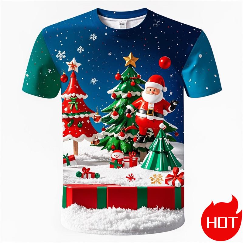 Fashionable 3D Merry Christmas Print T-Shirt Cute Santa Claus Christmas Tree Graphic T-Shirt Kids Funny Snowflake T-Shirt 100