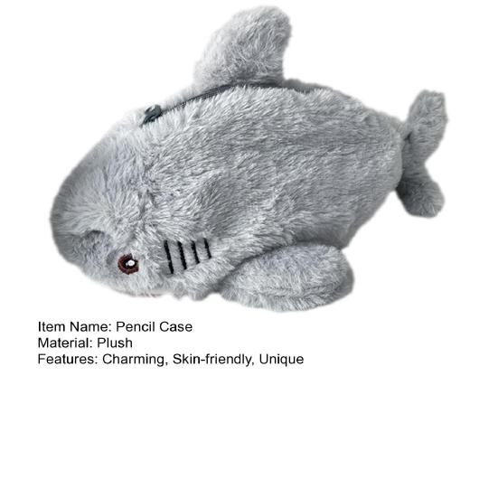 Cute Shark Pencil Case Large Capacity Plush Stationery Bag Gray Shark Design Soft Touch Pencil