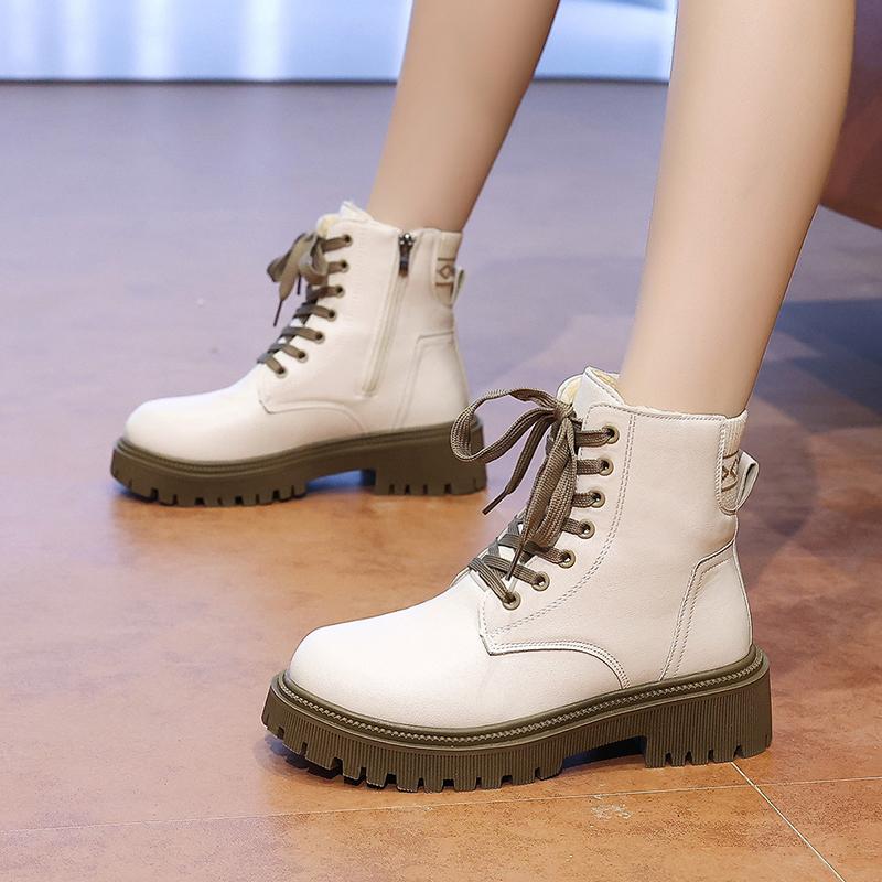 2025 New Fashion Thick Sole Women's Boots Large Size Women's Shoes Black Keep Warm Fleece Platform Lace-up Ankle Boots 4875