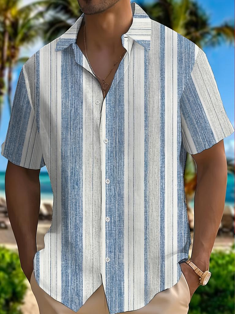 Men'S Stylish Short-Sleeve Shirt, a Trendy New Blue And White Striped Short-Sleeve Shirt for Summer Wear, Perfect for Casual Outings, Beach Vacations,