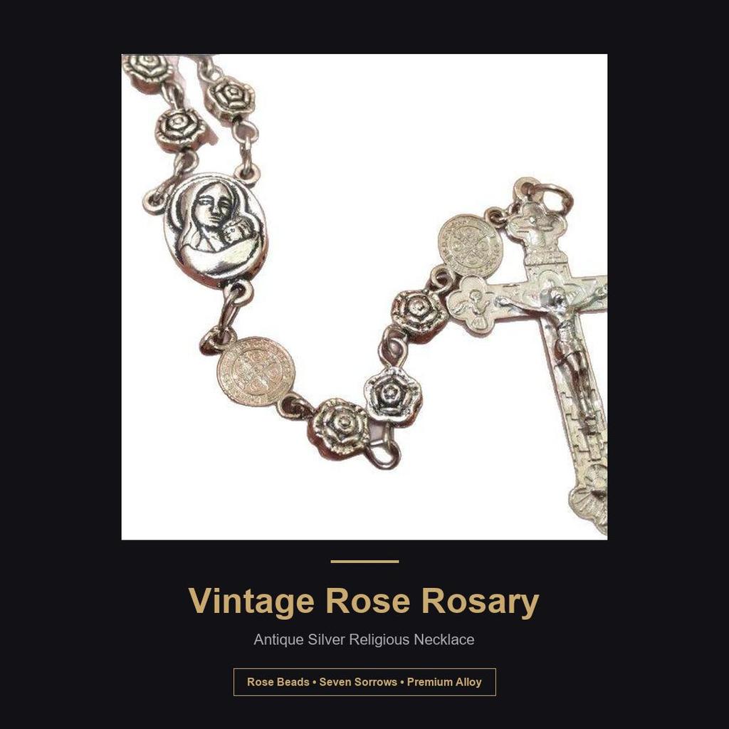 Vintage Silver Rose Bead Rosary Necklace, Virgin Mary Seven Sorrows Medal Crucifix Long Religious Chain For Men Women