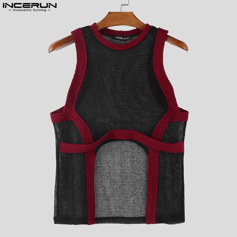 INCERUN Summer Men Sleeveless Stitching Irregular Cutout Hollow Out Tanks Tops