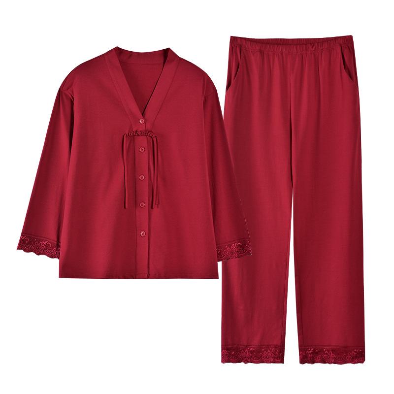 Damen Rotes V-Ausschnitt Baumwoll-Pyjama-Set - Langarm & Hose, Hautfreundlich, Bequemer Cardigan