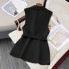 Women's Sleeveless Blazer Vest Button Lapel Collar Work Jacket Fall Casual Long Dressy Coat with Belt