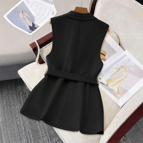 Women's Sleeveless Blazer Vest Button Lapel Collar Work Jacket Fall Casual Long Dressy Coat with Belt