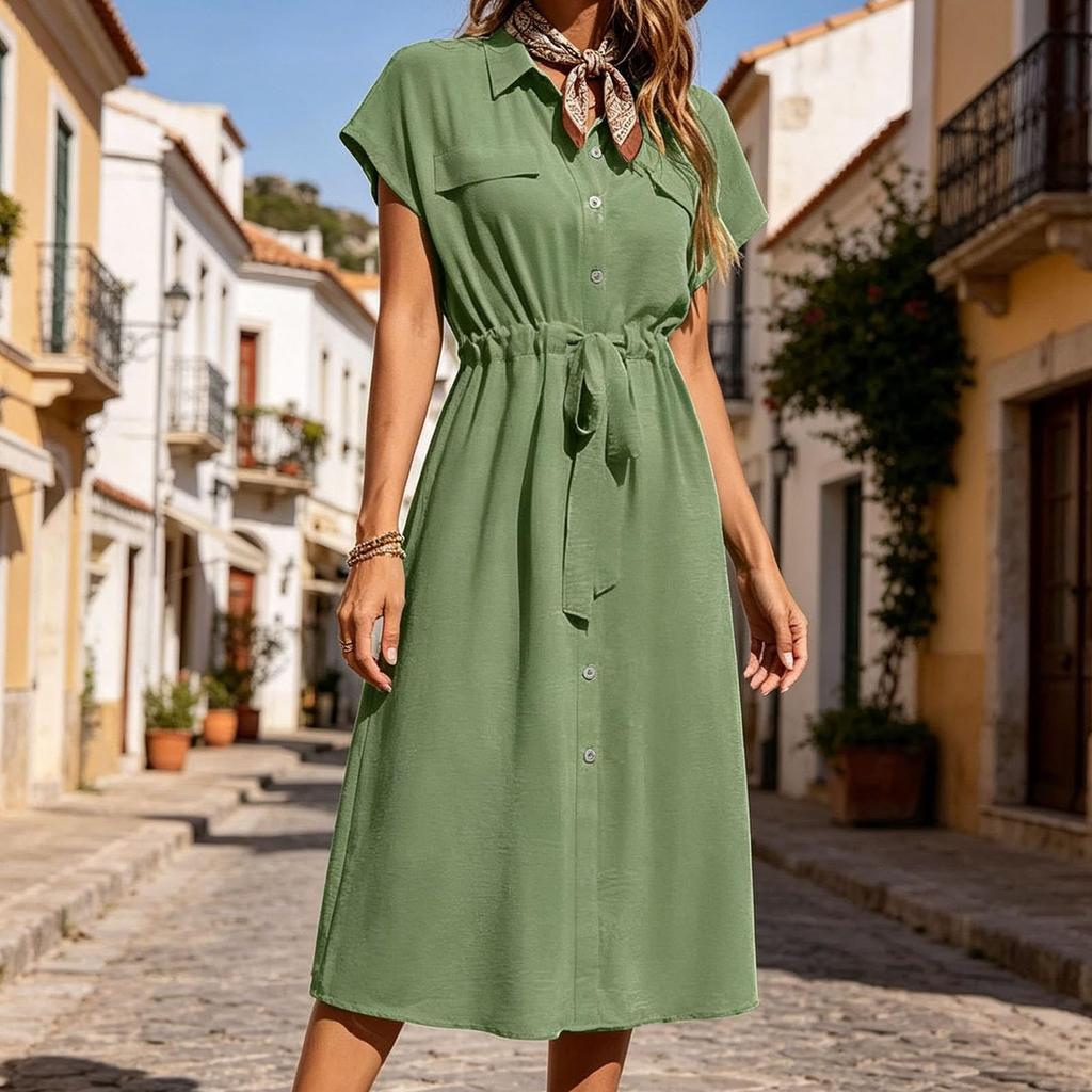 Women's Casual Button Down Shirt Dress with Waist Tie and Short Sleeves Midi Length Relaxed Fit Lightweight Fabric