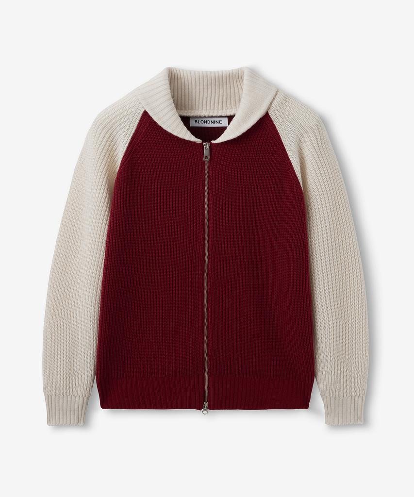 BLOND9 Shawl Collar Raglan Knit Zip-Up_Deep Red