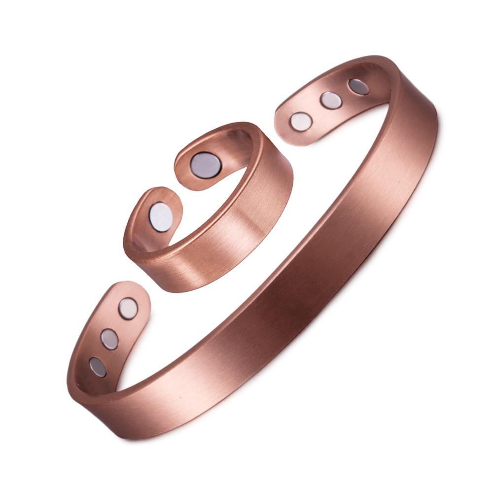 Adjustable Open Ring & Magnetic Antique Red Copper Bracelet Set