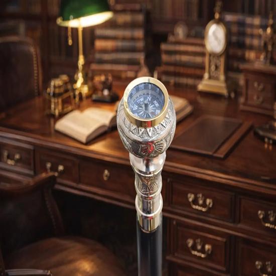 Compass Handle Walking Cane Brass Handle Hardwood Stick Cosplay Prop Handmade Gentleman