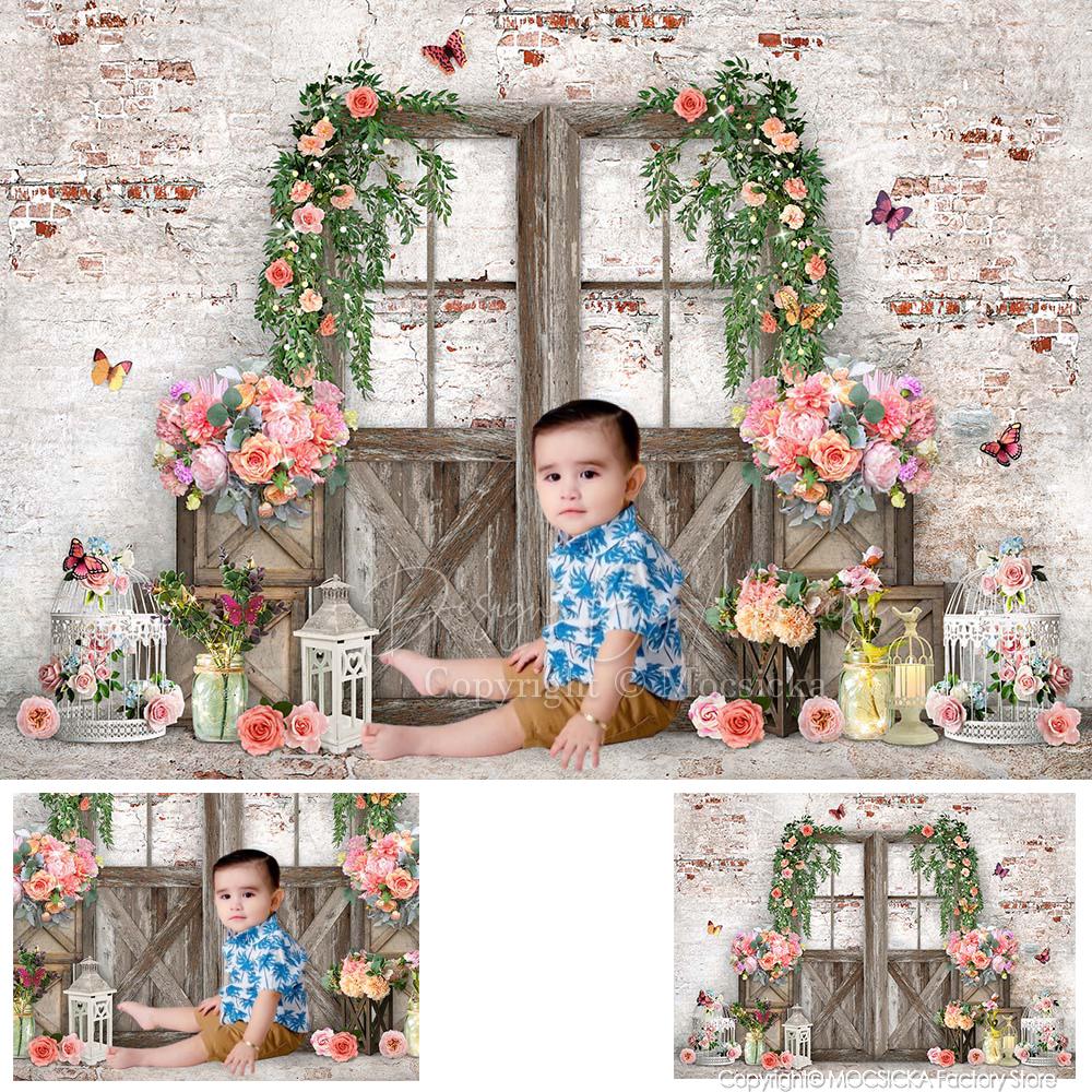 Mocsicka Spring Flower Photography Background Garland Newborn Portrait Baby Show Easter Theme Wooden Door Birthday Party Banner