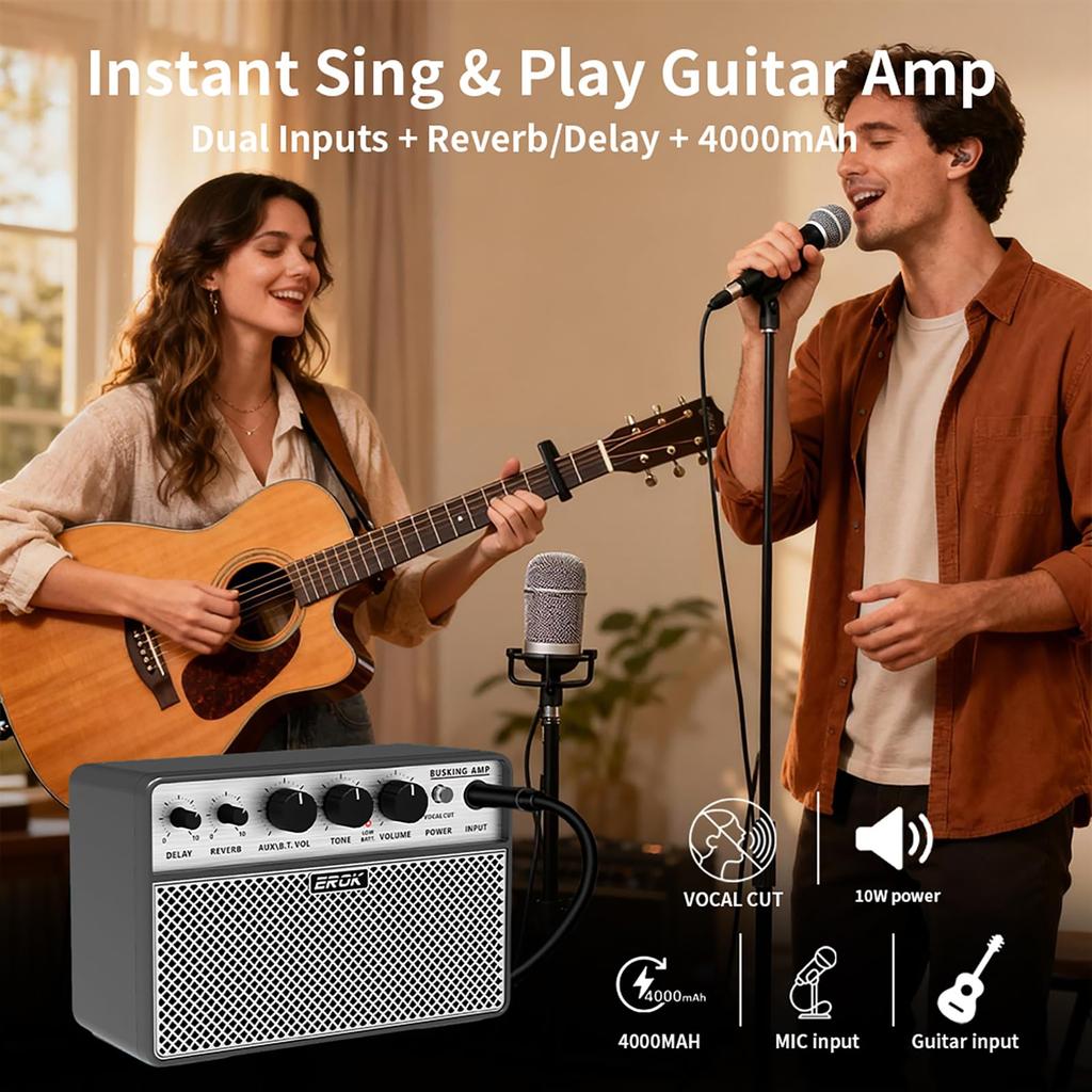 EROK Acoustic Guitar Amplifier 2-in-1 Portable Vocal and Guitar Amp Digital Delay Reverb Headphone Output OTG Recording Compact for Practice Travel