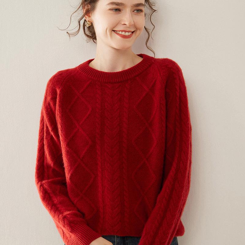 Women's Thickened Cashmere Raglan Sweater - Long Sleeve Jacquard Knit Pullover with Round Neck