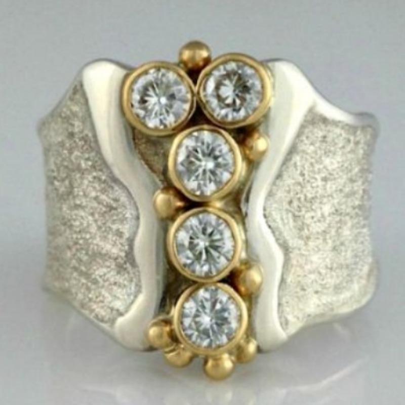 Vintage Inlaid White CZ Women's Ring Ethnic Two Color Hand Carving Daily Wear Party Jewelry Anniversary Gift