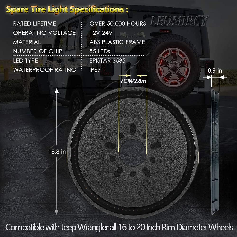 LEDMIRCY Spare Tire Brake Light 3rd Third Brake Light Rear Wheel Lights Tail Light LED Ring Red Light for Wrangler JK 2007-2018 2018- 1987- JKU JLU