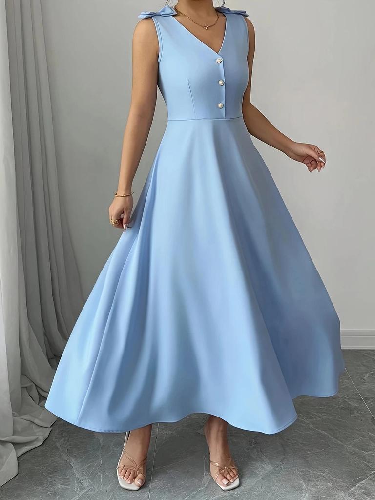 2025 Spring/Summer Blue Sleeveless Midi Dress with Bow and Button Waist