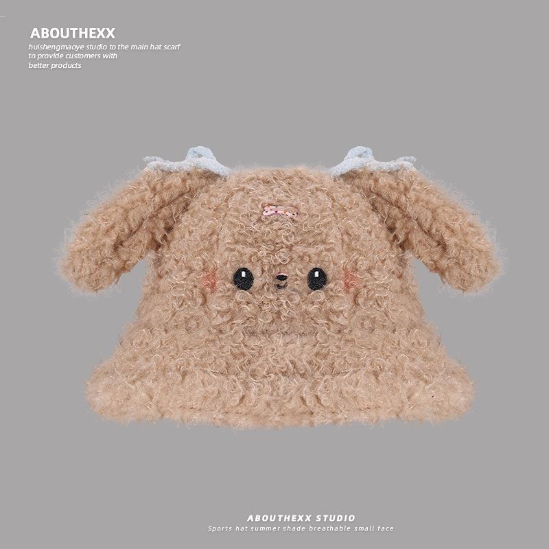 Cute Bunny Lamb Plush Hat for Women Versatile Warm and Cold Proof Fisherman Hat  Autumn and Winter New Ear Protection Basin Hat