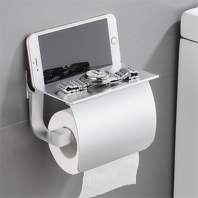 Tuqiu Black Toilet Paper Holder Silver Tissue Paper Holder Aluminium Paper Roll Holder With Phone Storage Shelf