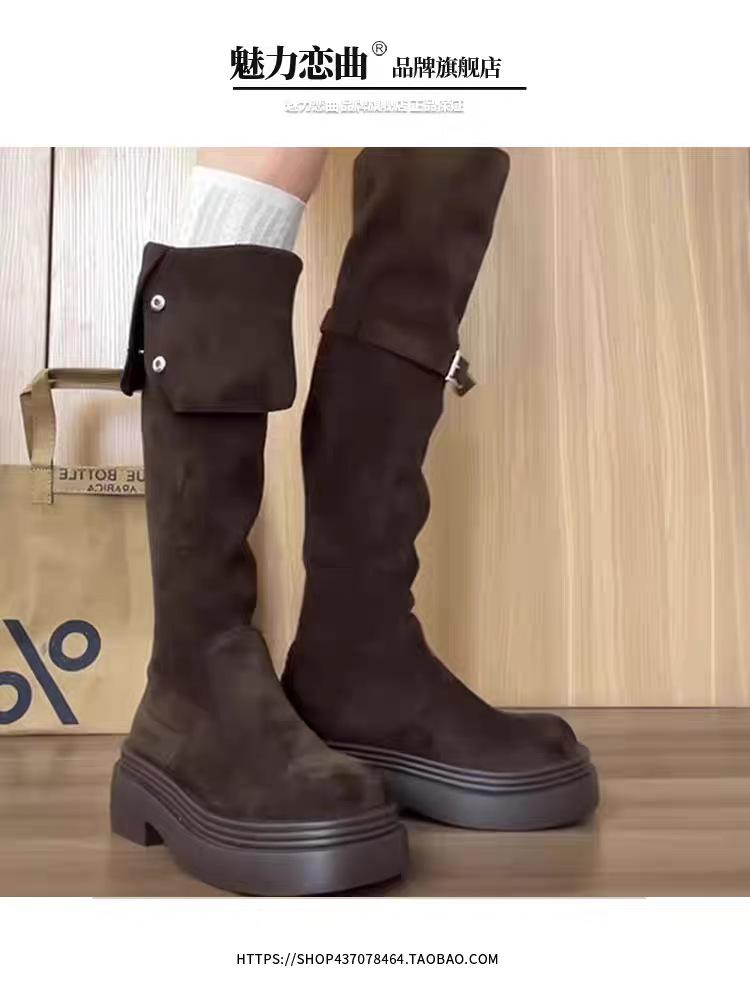 

Женские сапоги на толстой подошве 2025 новая осень и зима но до колена замшевые сапоги женские тонкие высокие сапоги для верховой езды 40