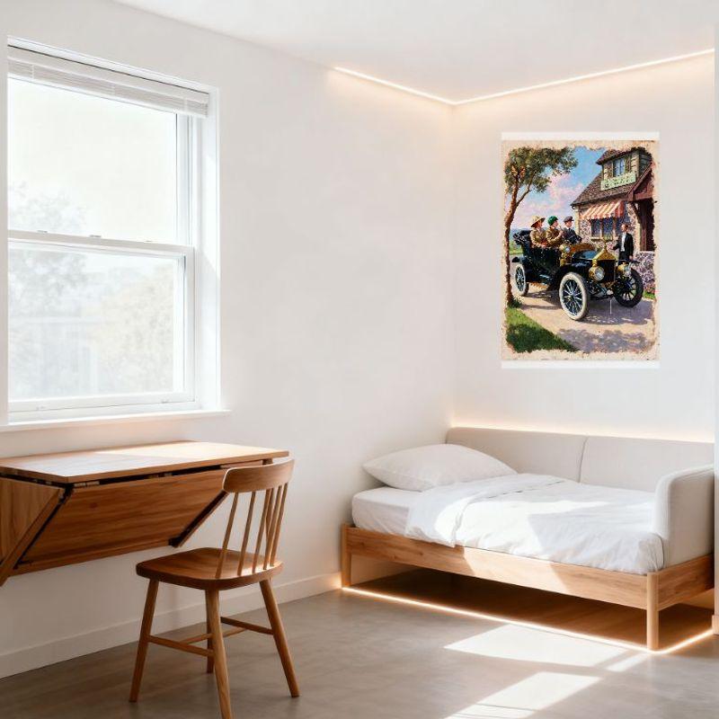 Vintage 1920s Ford Model T Automobile with Passengers Metal Tin Sign - General Store Scene for Home Bar Restaurant Man Cave Deco