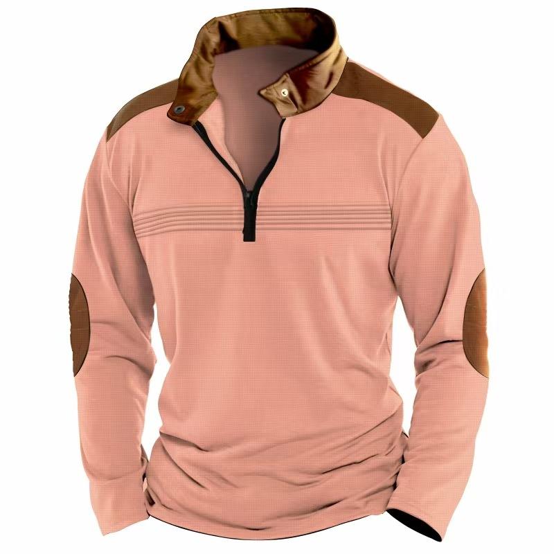 

Men s Patchwork Polos Half Zipper Pullover Polo Shirts Long-Sleeved Sports Casual Tees Man Stand Collar Loose Male Tops XXXL рожевий