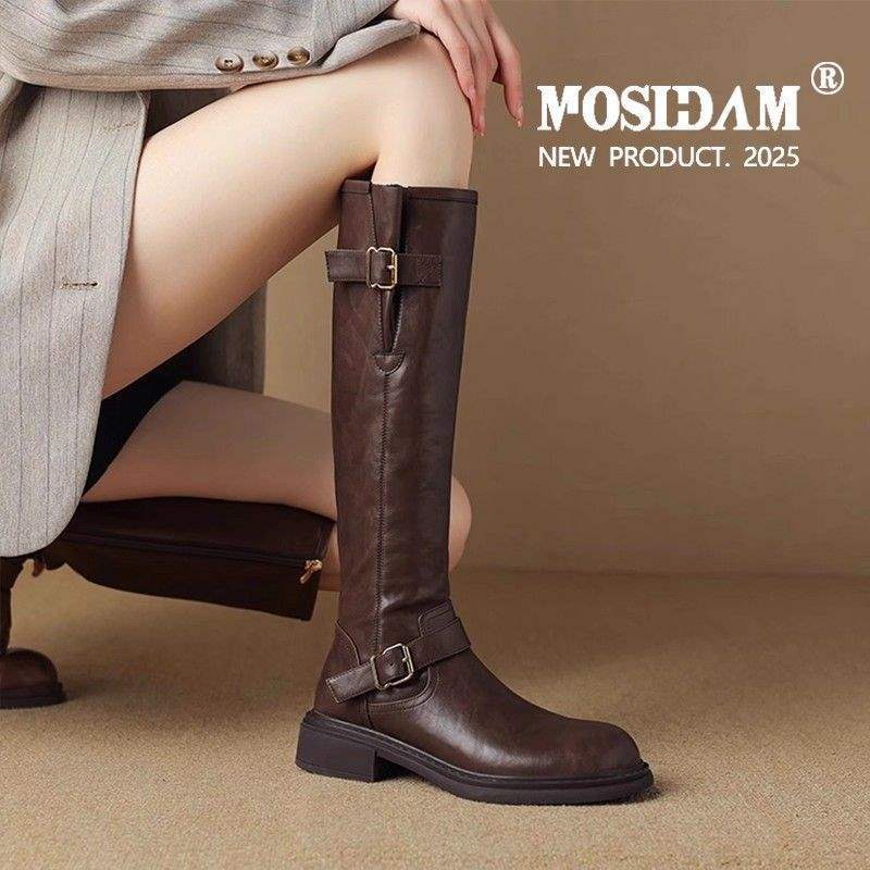 Braune runde Gürtelschnalle lange Ritterstiefel Damen 2025 neu Herbst und Winter Samt aber kniedünne hohe Stiefel