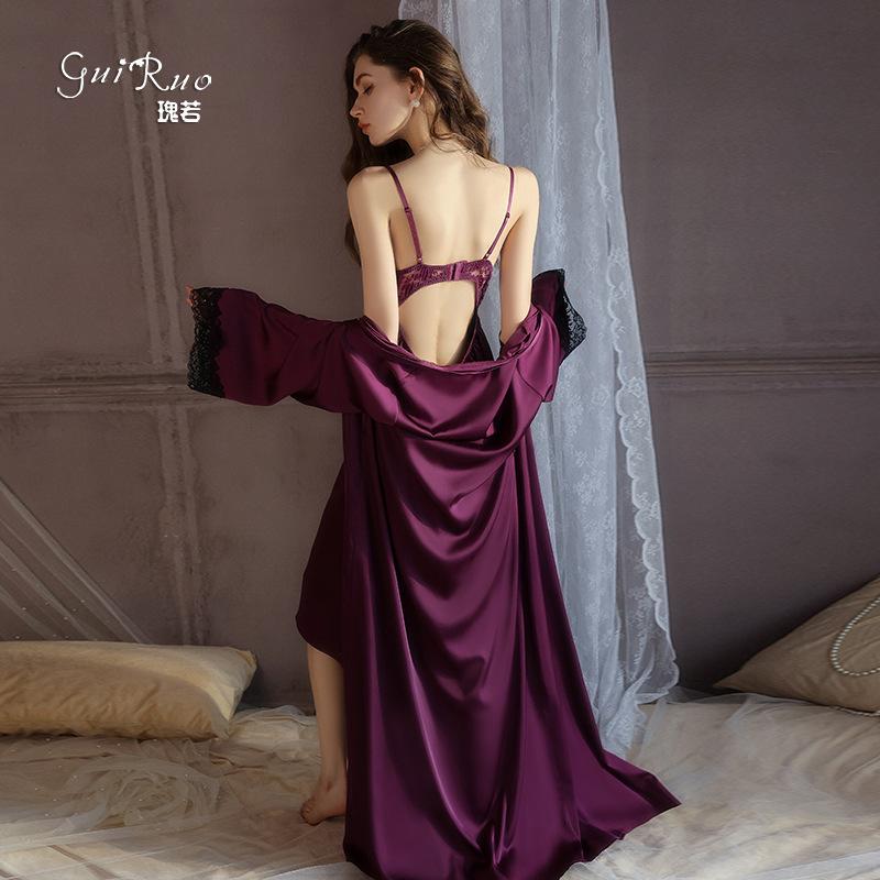 Women's Satin Lace Cutout Deep V Padded Sleep Dress with Robe Lounge Set