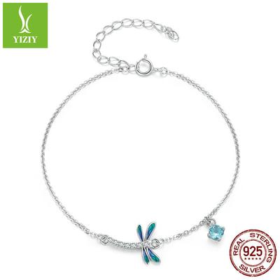 Bracciale Libellula in Argento Sterling S925, Gioiello Bracciale Insetto Gocciolamento Olio Blu Vento di Primavera Bsb112