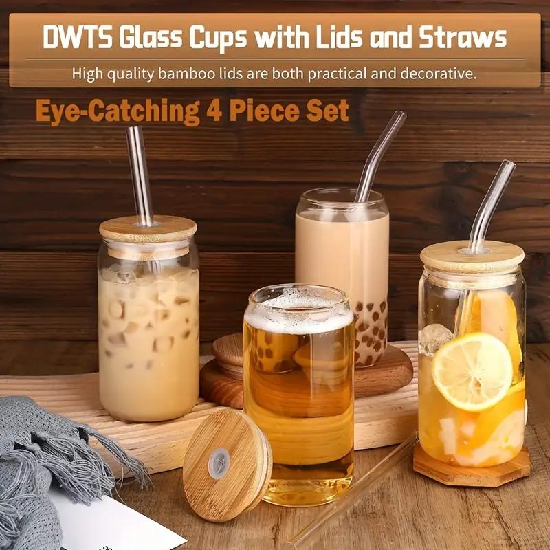 Reusable Glasses with Bamboo Lids and Glass Straw Beer Can Shaped Drinking Glasses Iced Coffee 2 Cleaning Brushes 17oz 4Pc Set