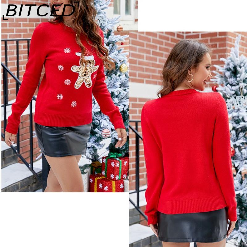 BITCED Weihnachtsstrickwaren für Damen Herbst/Winter Rentier bestickt Bezaubernder weihnachtlicher Strickpullover
