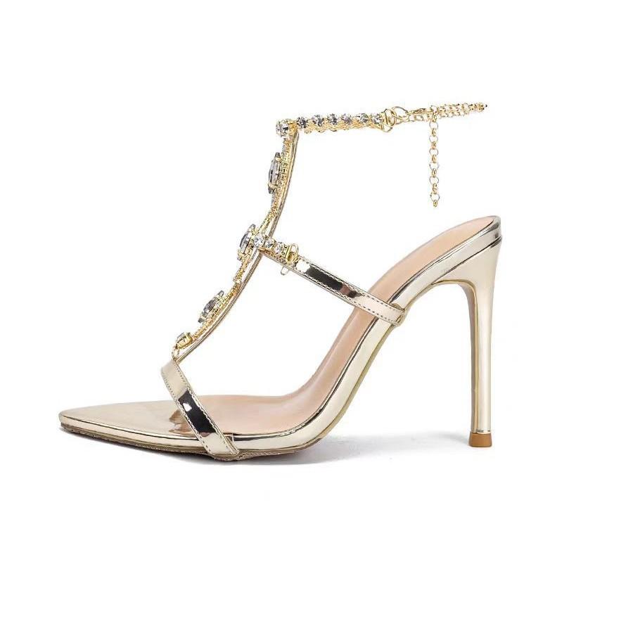 2025 new open-toed pointed gem rhinestone chain patent leather one-word strap sandals women's summer crystal stiletto high heels