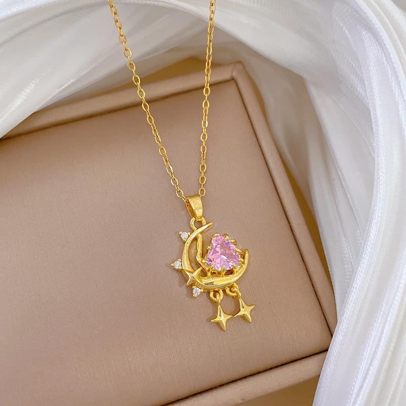 Pink Star Moon Full Diamond Light Luxury Temperament Gorgeous Full Diamond Necklace Female Versatile Collarbone Chain Titanium Steel