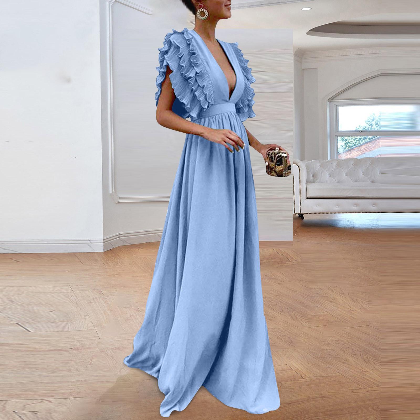 

Женское однотонное винтажное длинное вечернее платье с v-образным вырезом и рукавами-крылышками больших размеров сзади M светло-синий