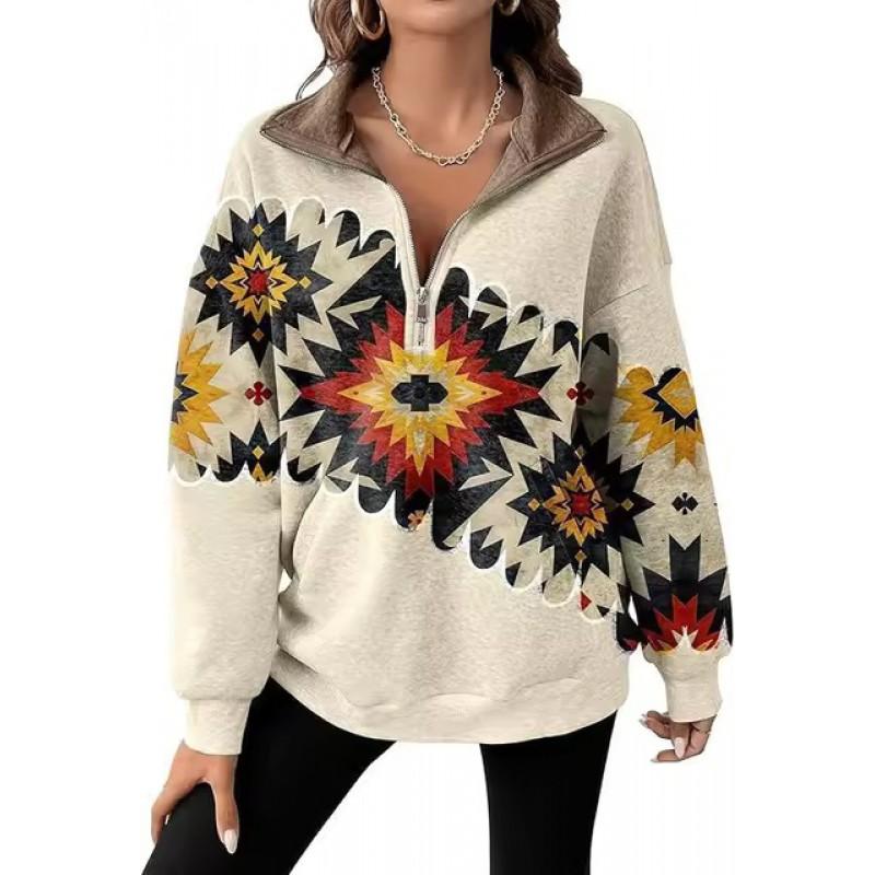 Womens Oversized Long Sleeve Pullover Top With Floral Print Half-Zip Collar Casual Cotton Sweatshirt
