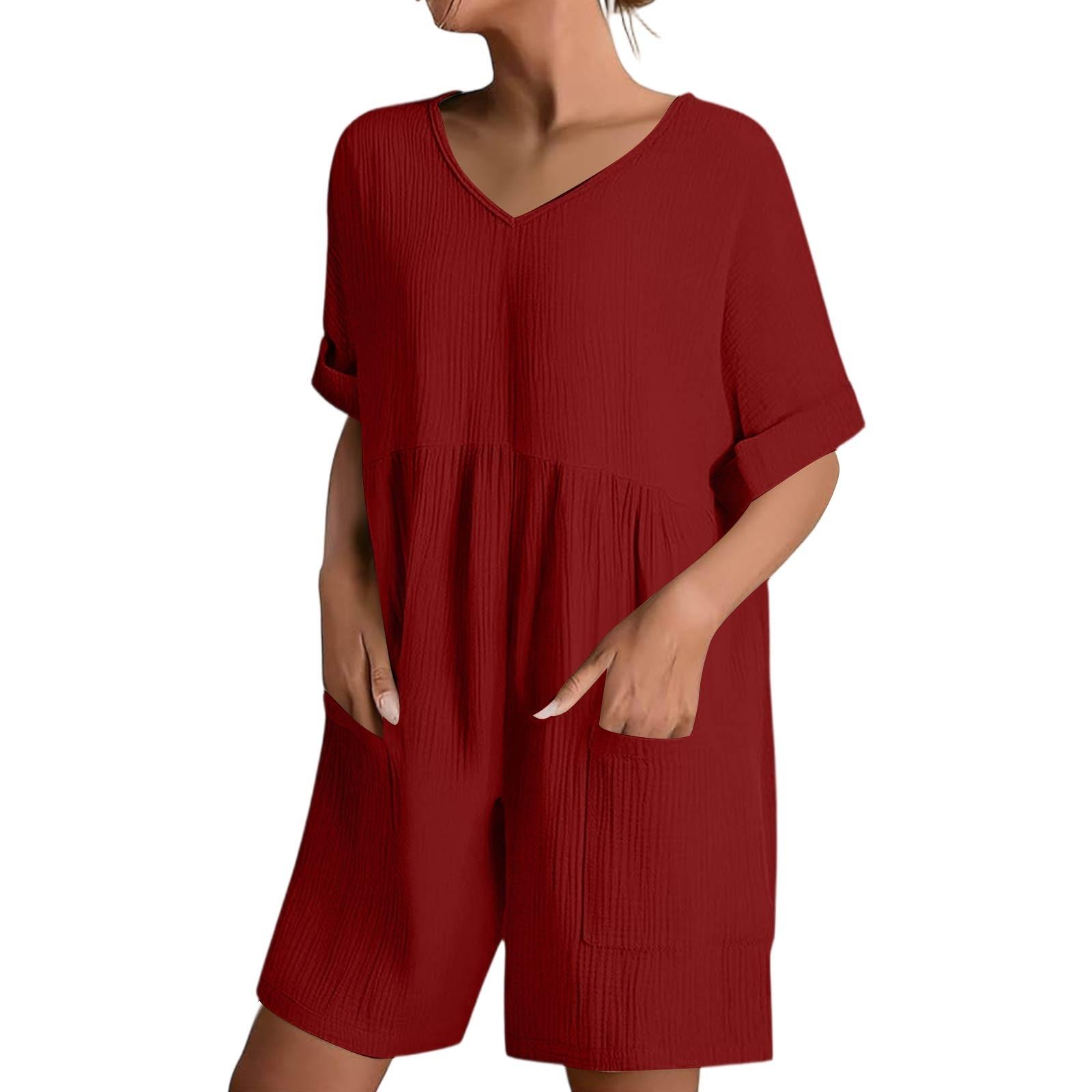 

Женские повседневные удобные шорты-комбинезон с v-образным вырезом, короткими рукавами и карманами L винный