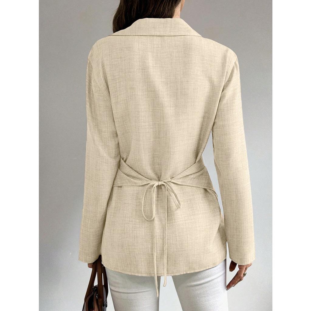 Spring and Autumn New Long Sleeve Shirt Lapel Strap Slim Temperament Commuter Cardigan Top