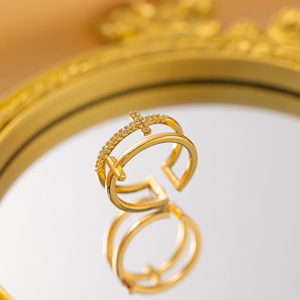Exquisite super flash zircon ring for girls, light luxury, high-end sense opening adjustable ring, simple real gold electroplating