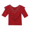New Summer European Style Cotton T-Shirt Chic Sexy V-Neck Hollow Out Shiny Beads Women Tops Short Sleeve Ruffles Tees