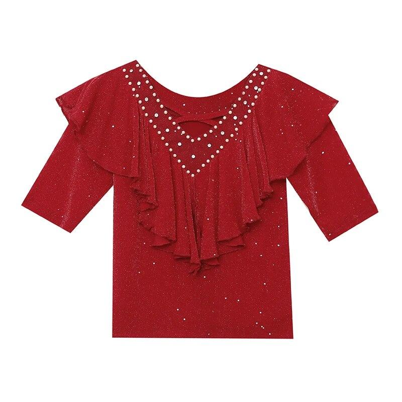 New Summer European Style Cotton T-Shirt Chic Sexy V-Neck Hollow Out Shiny Beads Women Tops Short Sleeve Ruffles Tees