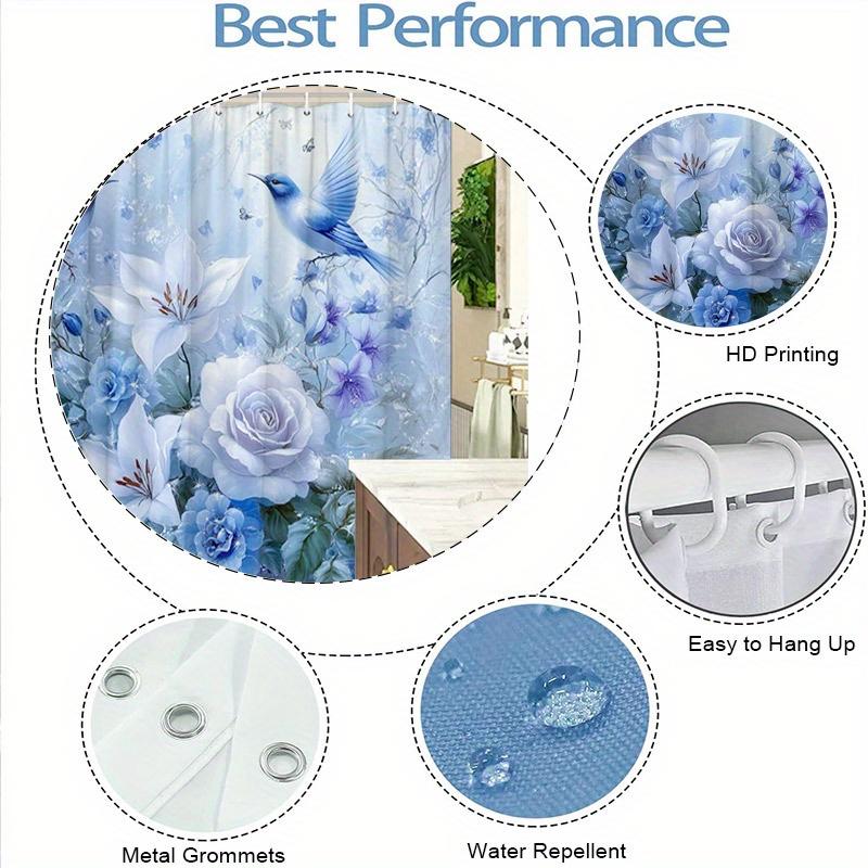 1Pc Blue Birds & Lilies Shower Curtain - Forget-Me-Nots Design, Polyester, 70.8X70.8", 12 Hooks, Washable, Elegant Bath Decor
