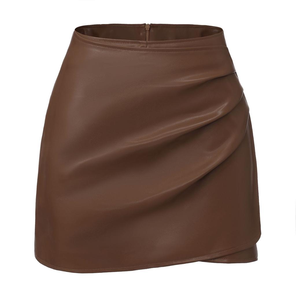 Women's Casual Ruched Faux Leather Mini Skirt High Waisted Asymmetrical Hem A-line Dressy Wrap Skort Shorts for Women Fall Casual Work PU Short Skirts