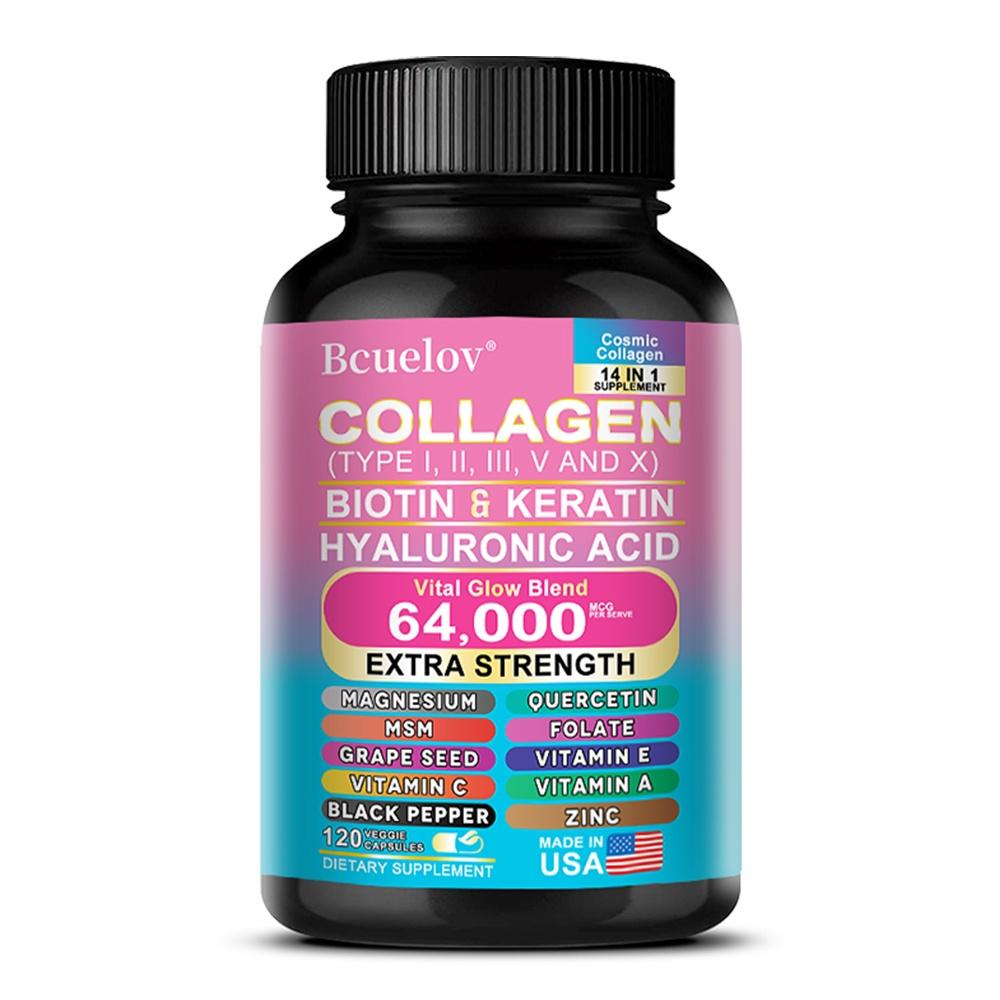 Bcuelov Collagen Capsules, Types I, II, III, V, X, with Biotin, Keratin, Hyaluronic Acid, Extra Strength, 120 Caps
