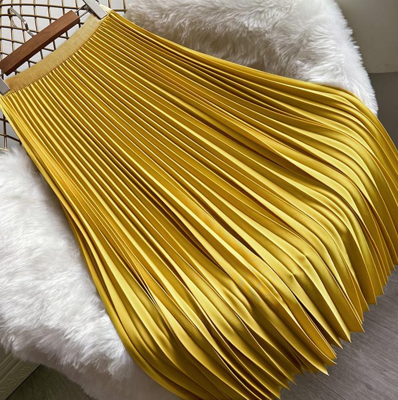 European & American Pearlescent Satin Pleated High-Waisted Swing Skirt