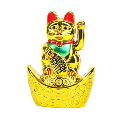 Dekoratives Ausstellungsstück – Feng Shui Katze sitzt auf Geldbarren | Goldene Winkende Hand Katze | Symbol für Glück, Reichtum, Gesundheit & Glück